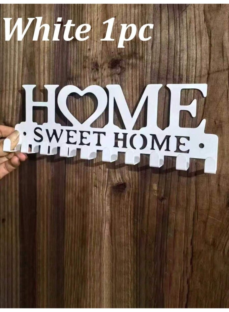 Home Sweet Home Wall Key Holder – Decorative Metal Key Rack with Hooks – White Wall Organizer for Entryway & Hallway – Modern Home Décor (1 PC)